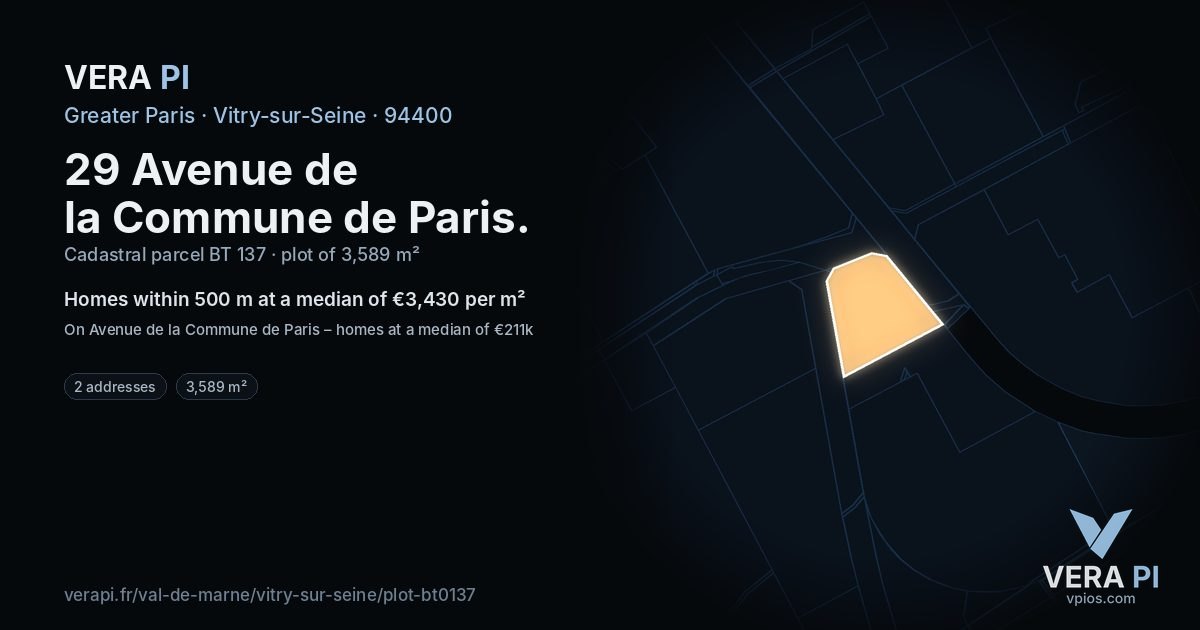 29 Avenue de la Commune de Paris, Vitry-sur-Seine at night – the plot lit, the parcels around coloured by the prices near them