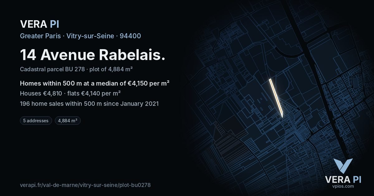 14 Avenue Rabelais, Vitry-sur-Seine at night – the plot lit, the parcels around coloured by the prices near them