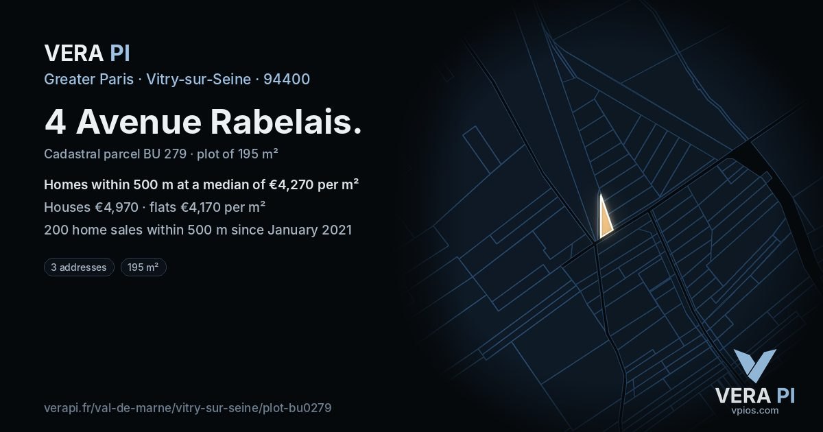 4 Avenue Rabelais, Vitry-sur-Seine at night – the plot lit, the parcels around coloured by the prices near them