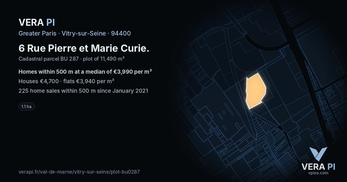 6 Rue Pierre et Marie Curie, Vitry-sur-Seine at night – the plot lit, the parcels around coloured by the prices near them