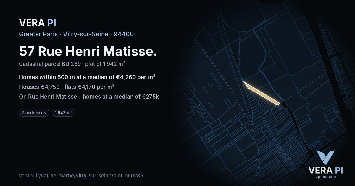 57 Rue Henri Matisse, Vitry-sur-Seine at night – the plot lit, the parcels around coloured by the prices near them
