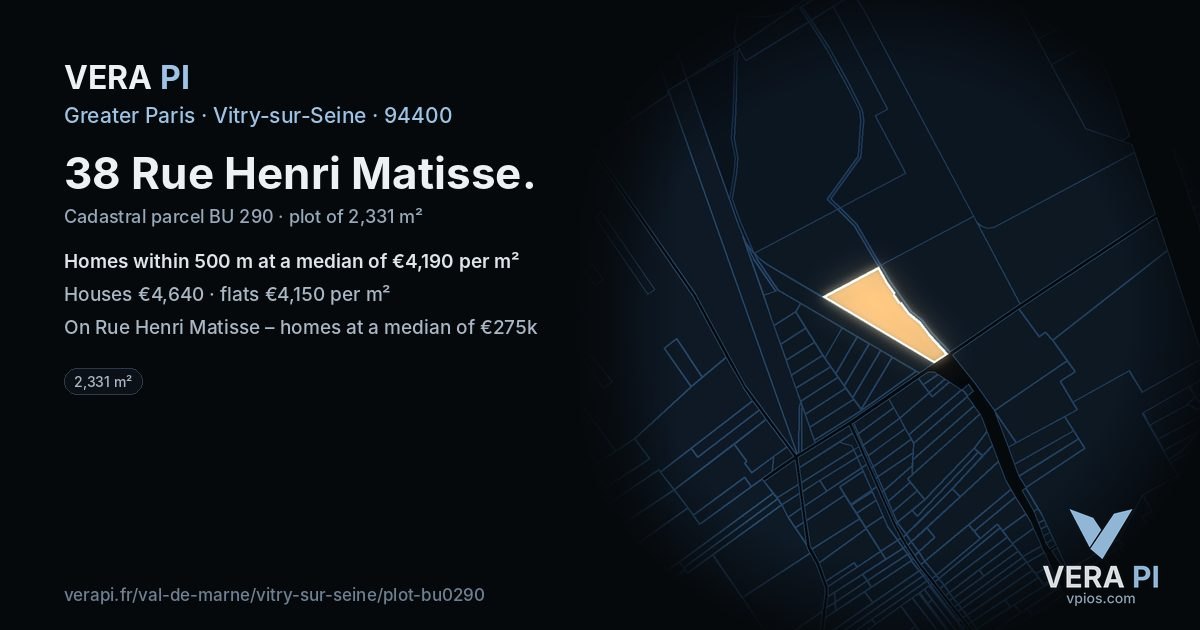 38 Rue Henri Matisse, Vitry-sur-Seine at night – the plot lit, the parcels around coloured by the prices near them