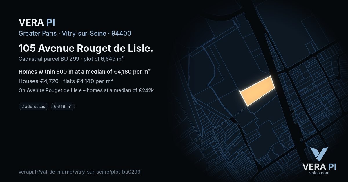 105 Avenue Rouget de Lisle, Vitry-sur-Seine at night – the plot lit, the parcels around coloured by the prices near them