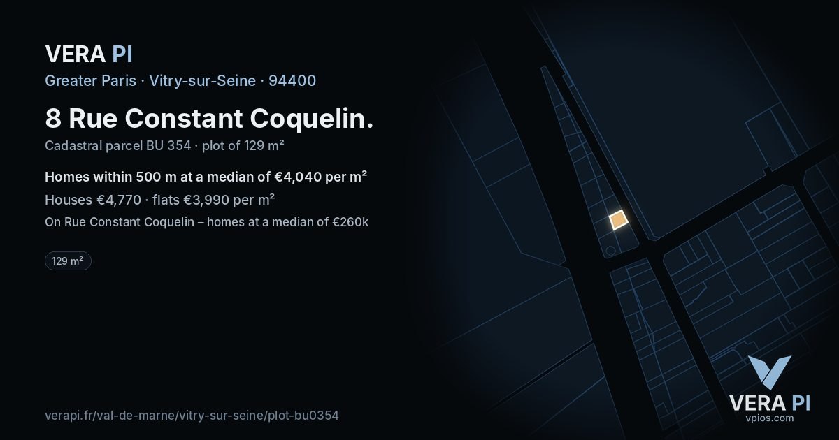 8 Rue Constant Coquelin, Vitry-sur-Seine at night – the plot lit, the parcels around coloured by the prices near them