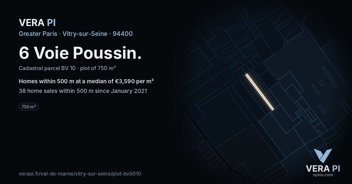 6 Voie Poussin, Vitry-sur-Seine at night – the plot lit, the parcels around coloured by the prices near them
