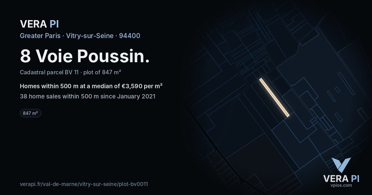 8 Voie Poussin, Vitry-sur-Seine at night – the plot lit, the parcels around coloured by the prices near them