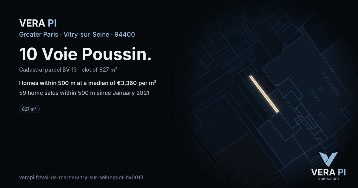 10 Voie Poussin, Vitry-sur-Seine at night – the plot lit, the parcels around coloured by the prices near them