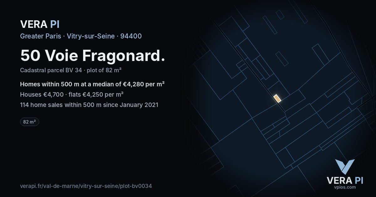 50 Voie Fragonard, Vitry-sur-Seine at night – the plot lit, the parcels around coloured by the prices near them
