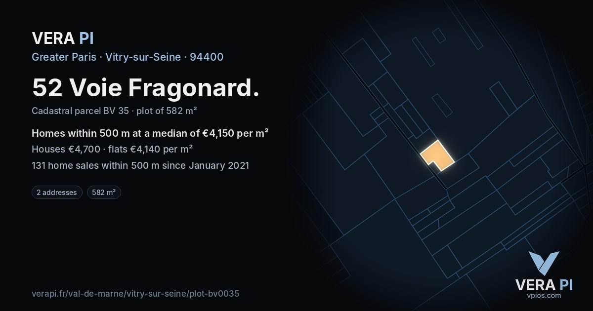 52 Voie Fragonard, Vitry-sur-Seine at night – the plot lit, the parcels around coloured by the prices near them