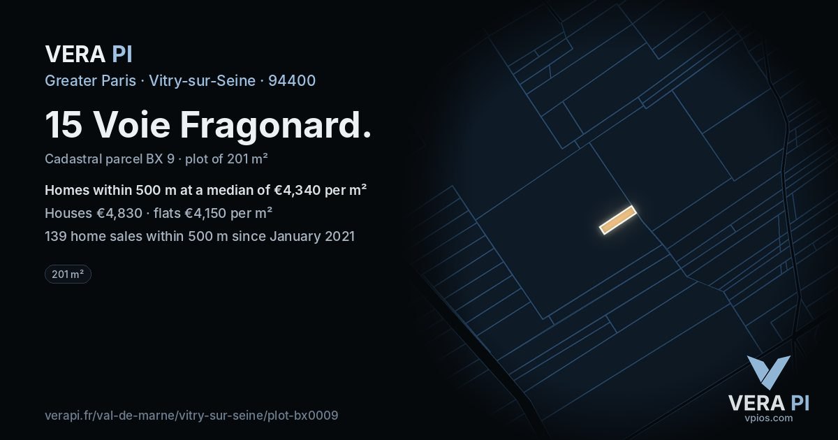 15 Voie Fragonard, Vitry-sur-Seine at night – the plot lit, the parcels around coloured by the prices near them