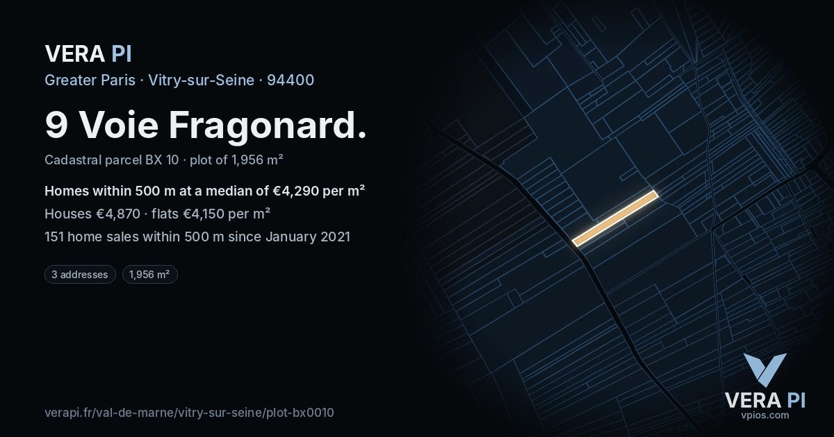 9 Voie Fragonard, Vitry-sur-Seine at night – the plot lit, the parcels around coloured by the prices near them