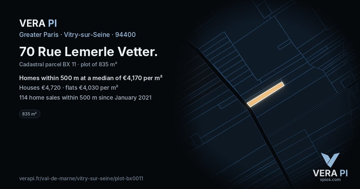 70 Rue Lemerle Vetter, Vitry-sur-Seine at night – the plot lit, the parcels around coloured by the prices near them