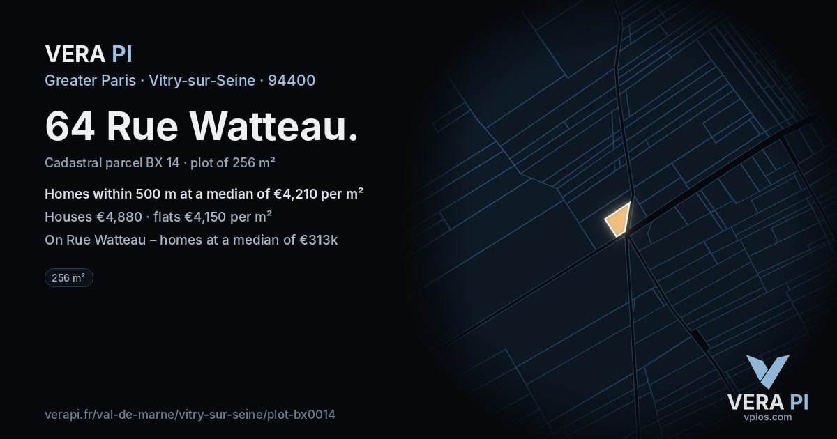 64 Rue Watteau, Vitry-sur-Seine at night – the plot lit, the parcels around coloured by the prices near them