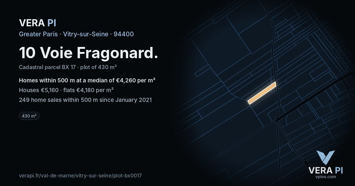 10 Voie Fragonard, Vitry-sur-Seine at night – the plot lit, the parcels around coloured by the prices near them