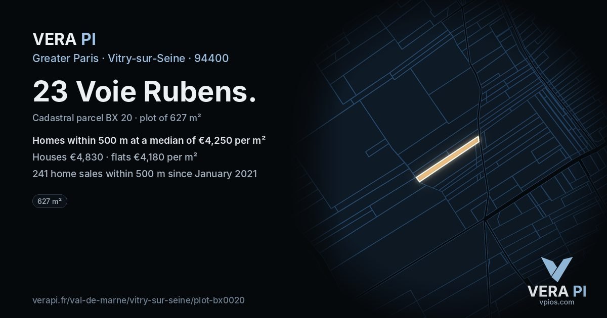 23 Voie Rubens, Vitry-sur-Seine at night – the plot lit, the parcels around coloured by the prices near them