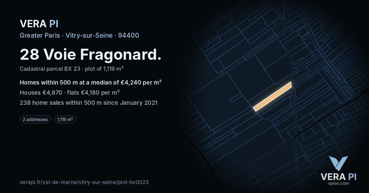 28 Voie Fragonard, Vitry-sur-Seine at night – the plot lit, the parcels around coloured by the prices near them