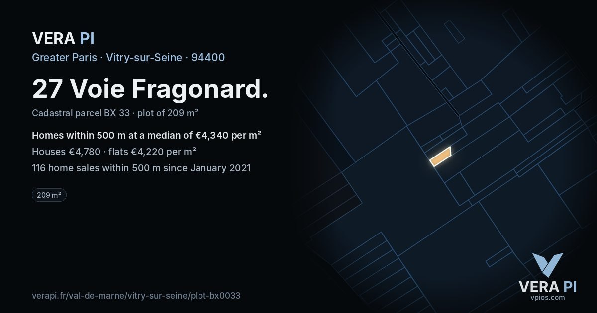 27 Voie Fragonard, Vitry-sur-Seine at night – the plot lit, the parcels around coloured by the prices near them