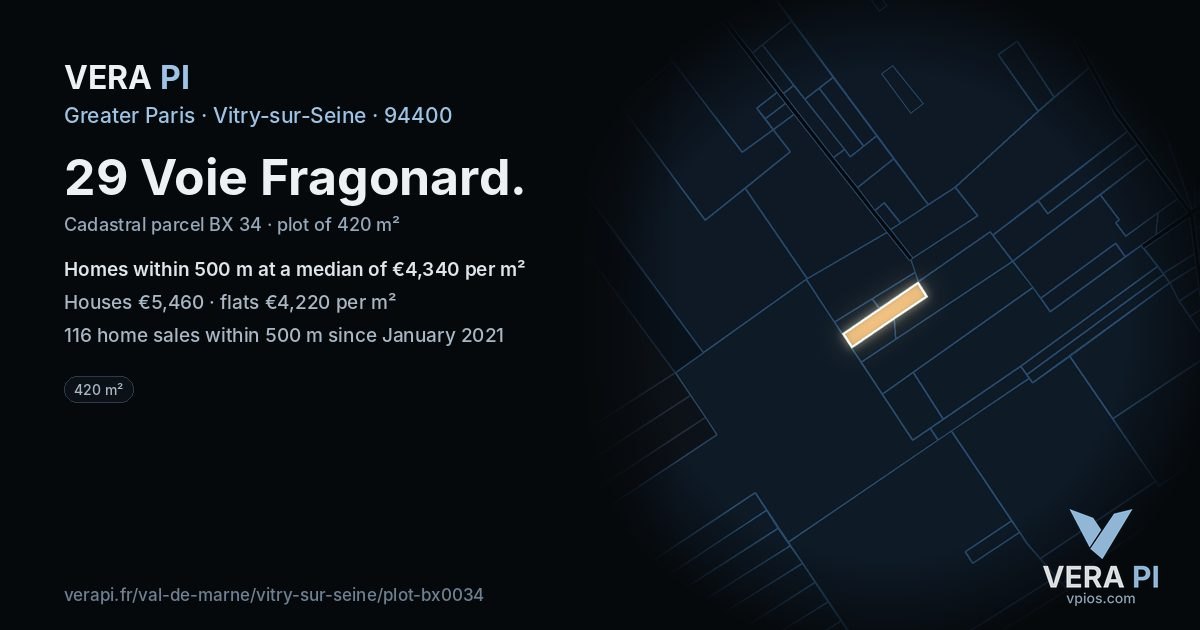 29 Voie Fragonard, Vitry-sur-Seine at night – the plot lit, the parcels around coloured by the prices near them