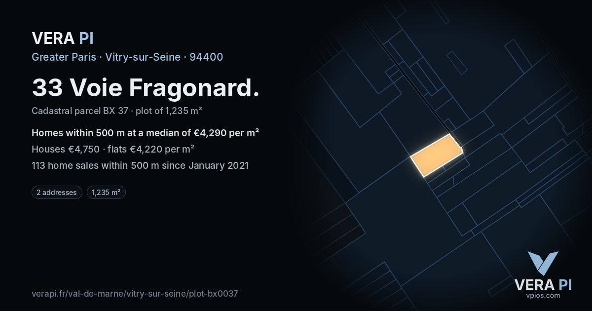 33 Voie Fragonard, Vitry-sur-Seine at night – the plot lit, the parcels around coloured by the prices near them