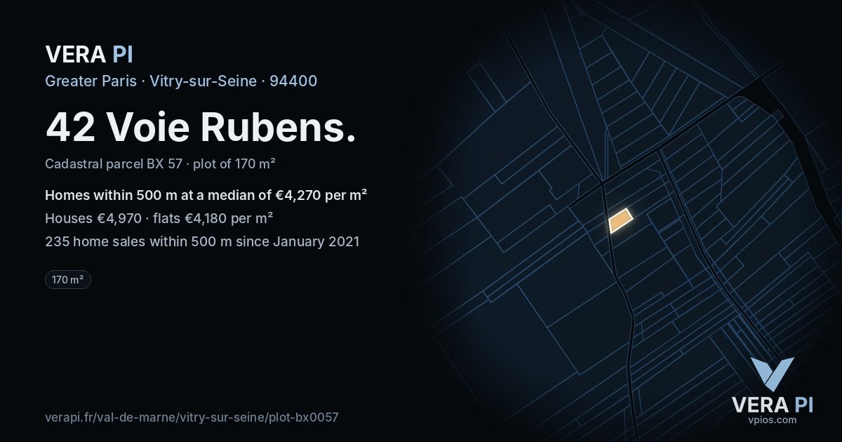 42 Voie Rubens, Vitry-sur-Seine at night – the plot lit, the parcels around coloured by the prices near them