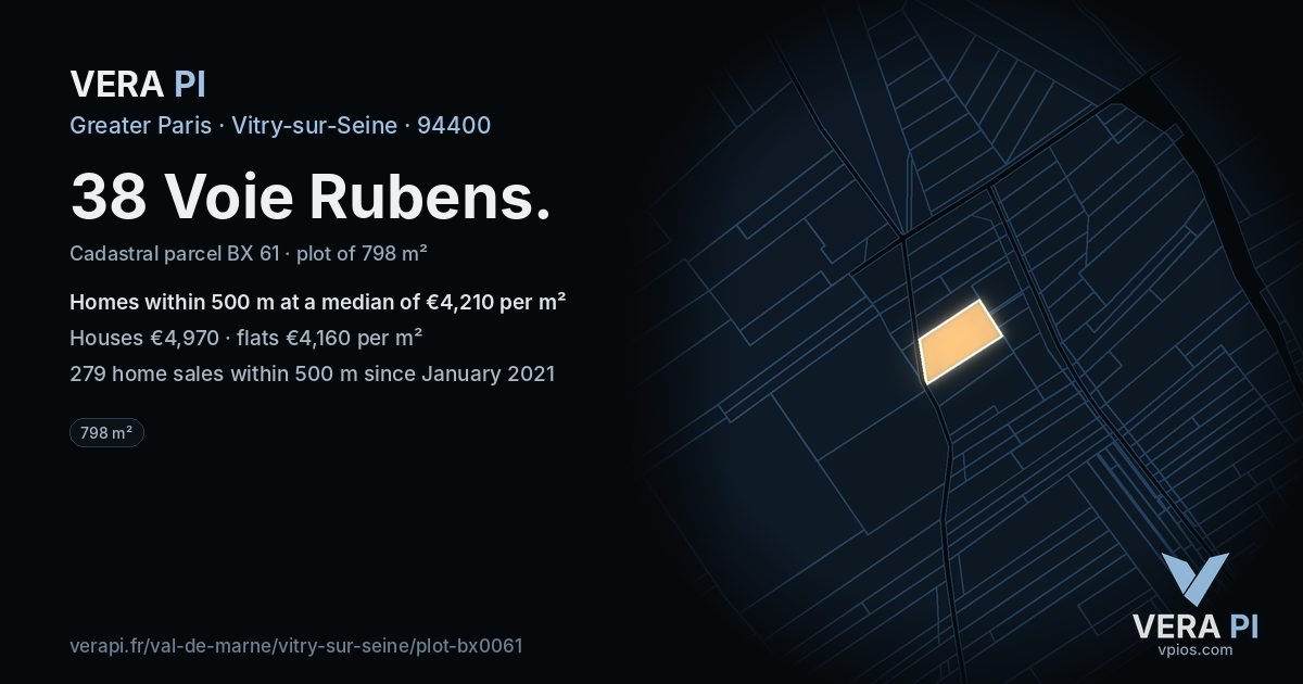38 Voie Rubens, Vitry-sur-Seine at night – the plot lit, the parcels around coloured by the prices near them