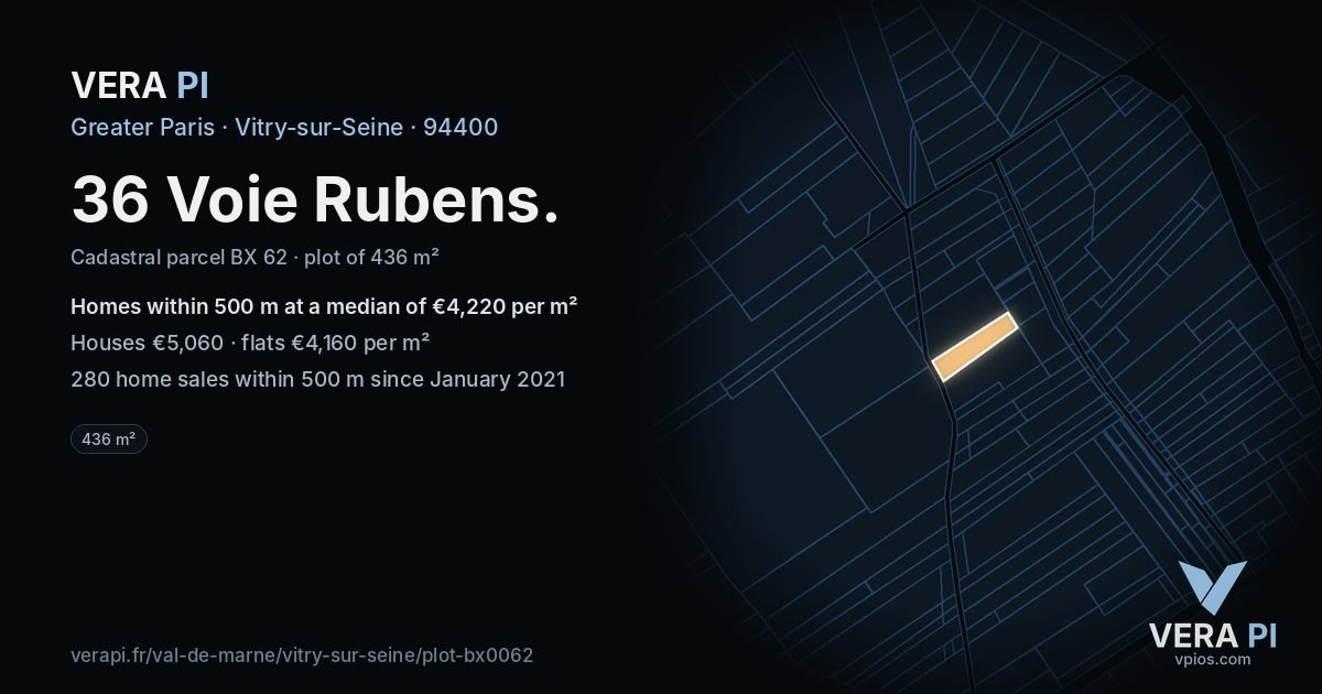 36 Voie Rubens, Vitry-sur-Seine at night – the plot lit, the parcels around coloured by the prices near them
