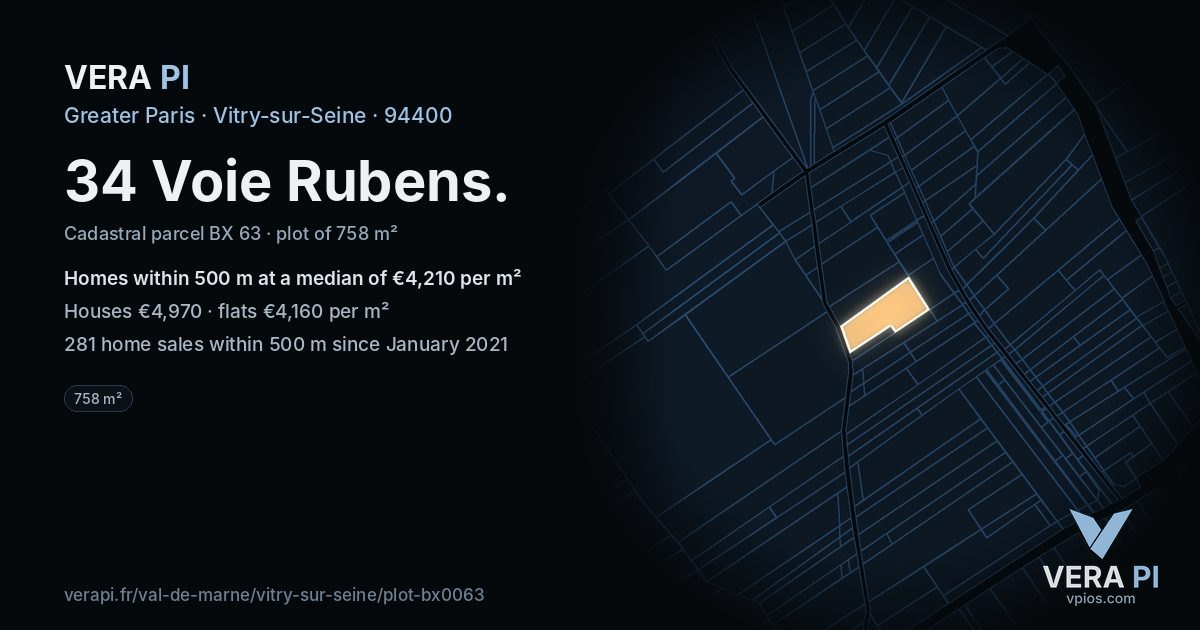 34 Voie Rubens, Vitry-sur-Seine at night – the plot lit, the parcels around coloured by the prices near them