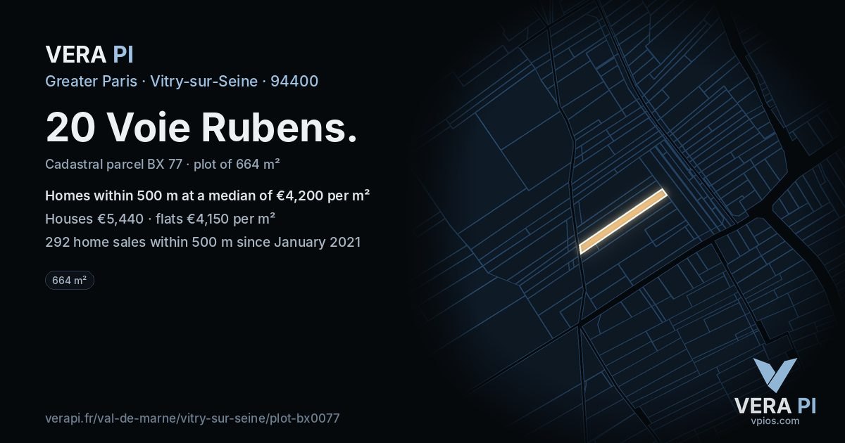 20 Voie Rubens, Vitry-sur-Seine at night – the plot lit, the parcels around coloured by the prices near them