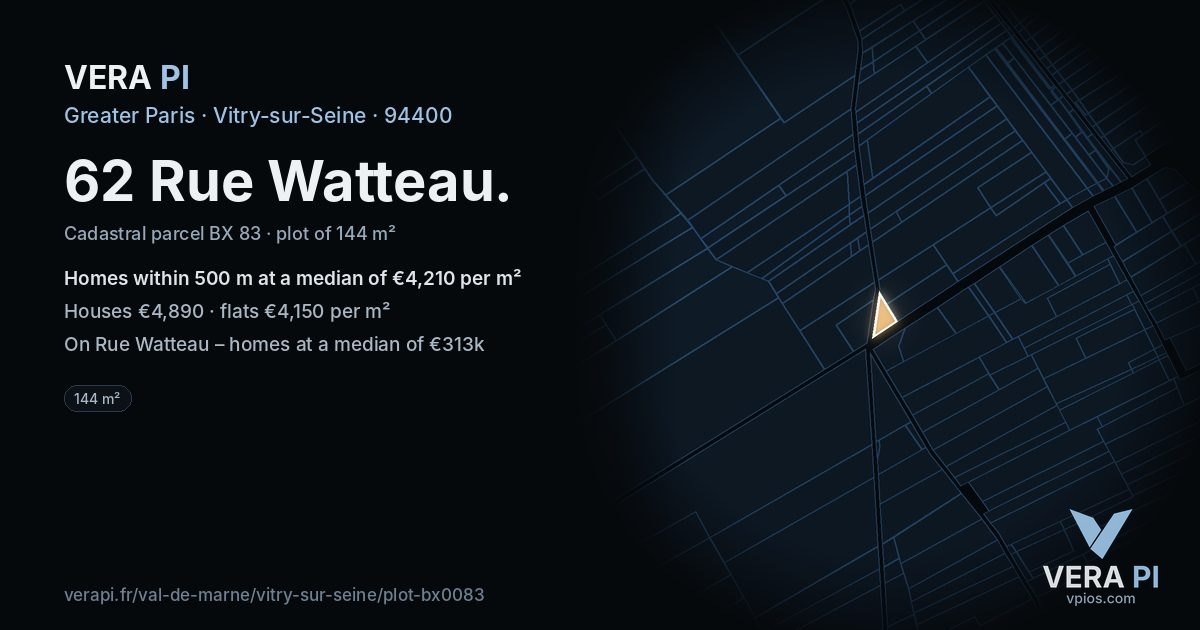 62 Rue Watteau, Vitry-sur-Seine at night – the plot lit, the parcels around coloured by the prices near them