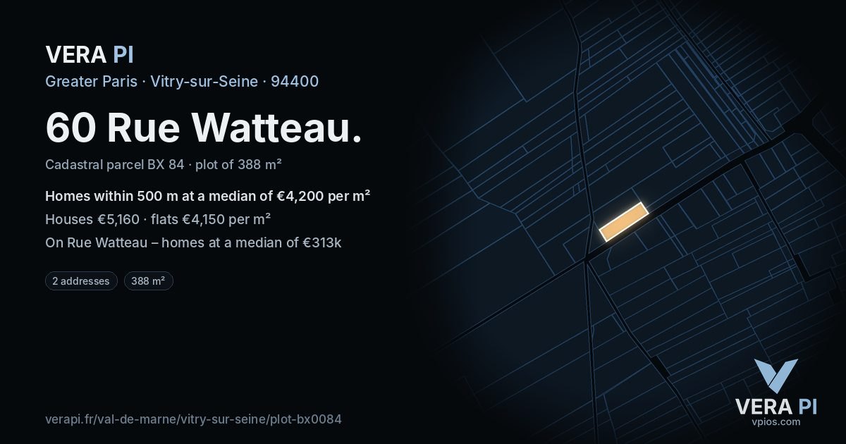 60 Rue Watteau, Vitry-sur-Seine at night – the plot lit, the parcels around coloured by the prices near them