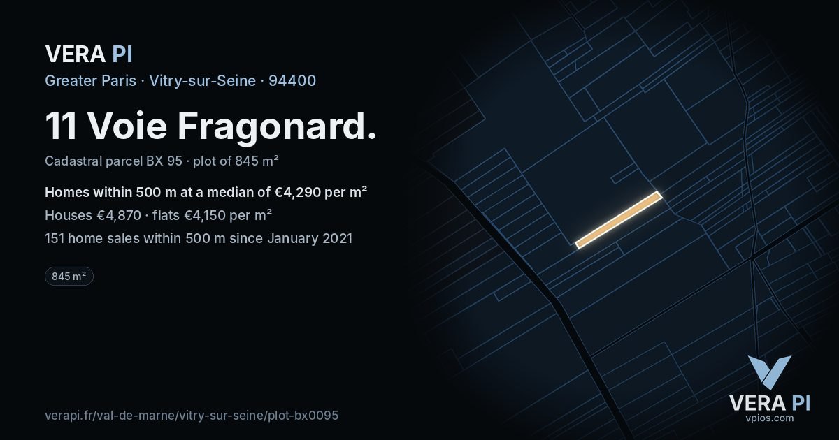 11 Voie Fragonard, Vitry-sur-Seine at night – the plot lit, the parcels around coloured by the prices near them