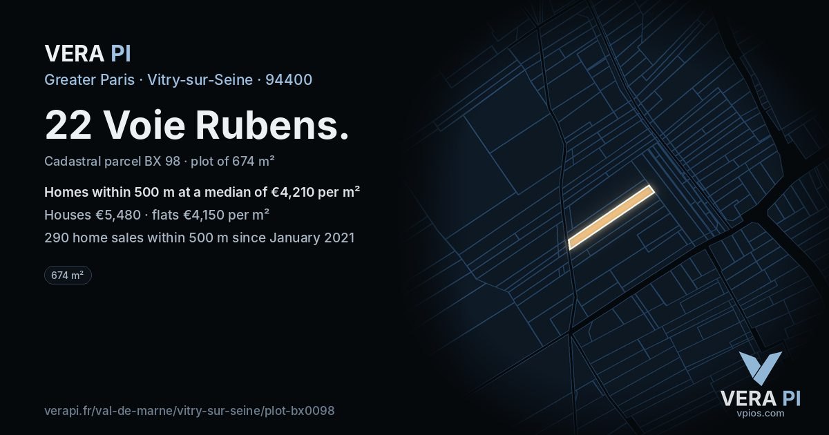 22 Voie Rubens, Vitry-sur-Seine at night – the plot lit, the parcels around coloured by the prices near them
