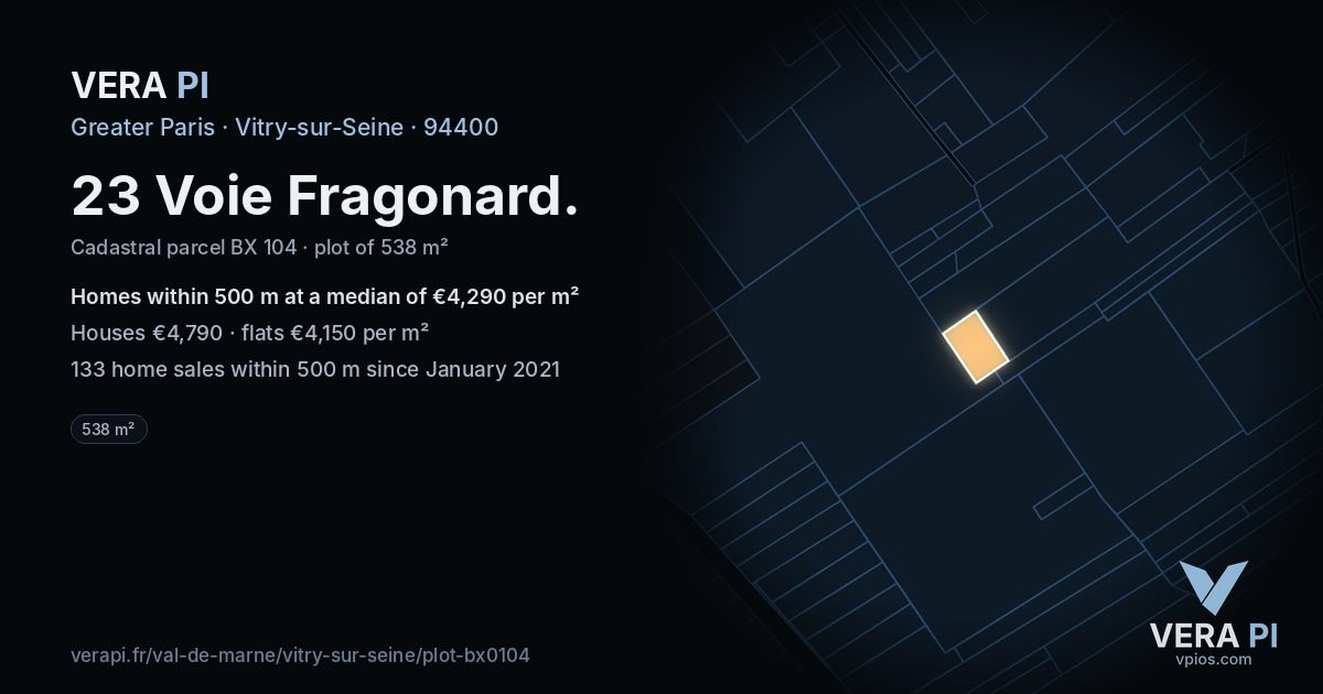23 Voie Fragonard, Vitry-sur-Seine at night – the plot lit, the parcels around coloured by the prices near them