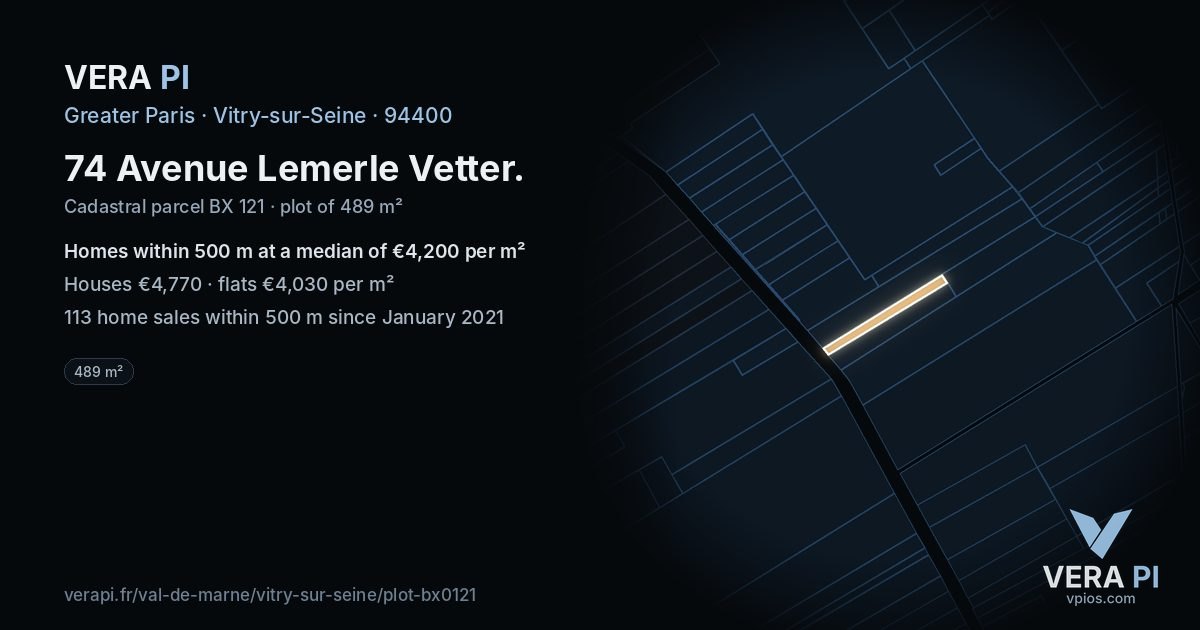 74 Avenue Lemerle Vetter, Vitry-sur-Seine at night – the plot lit, the parcels around coloured by the prices near them