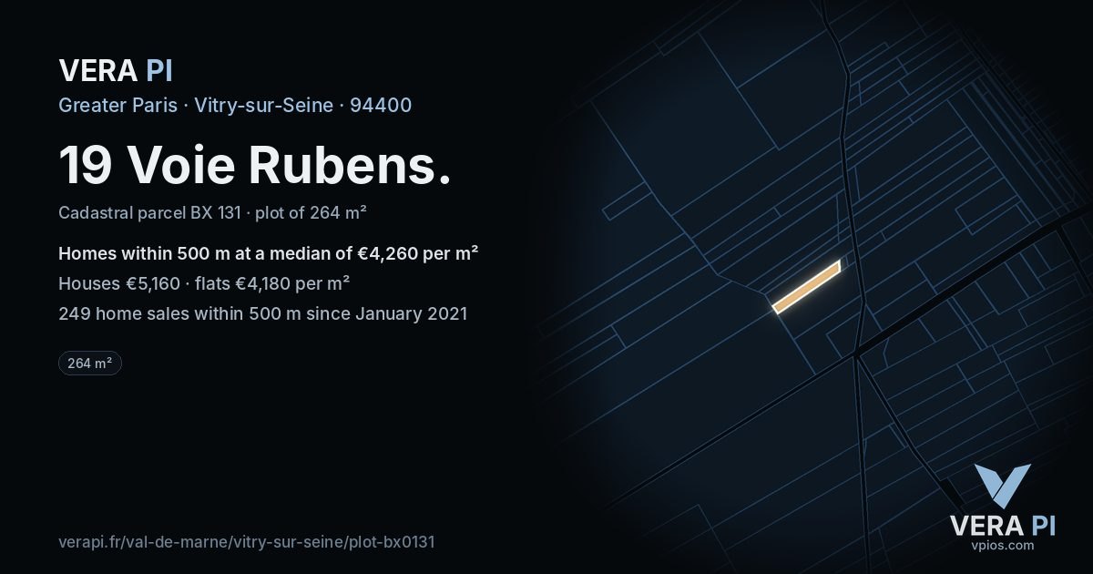 19 Voie Rubens, Vitry-sur-Seine at night – the plot lit, the parcels around coloured by the prices near them