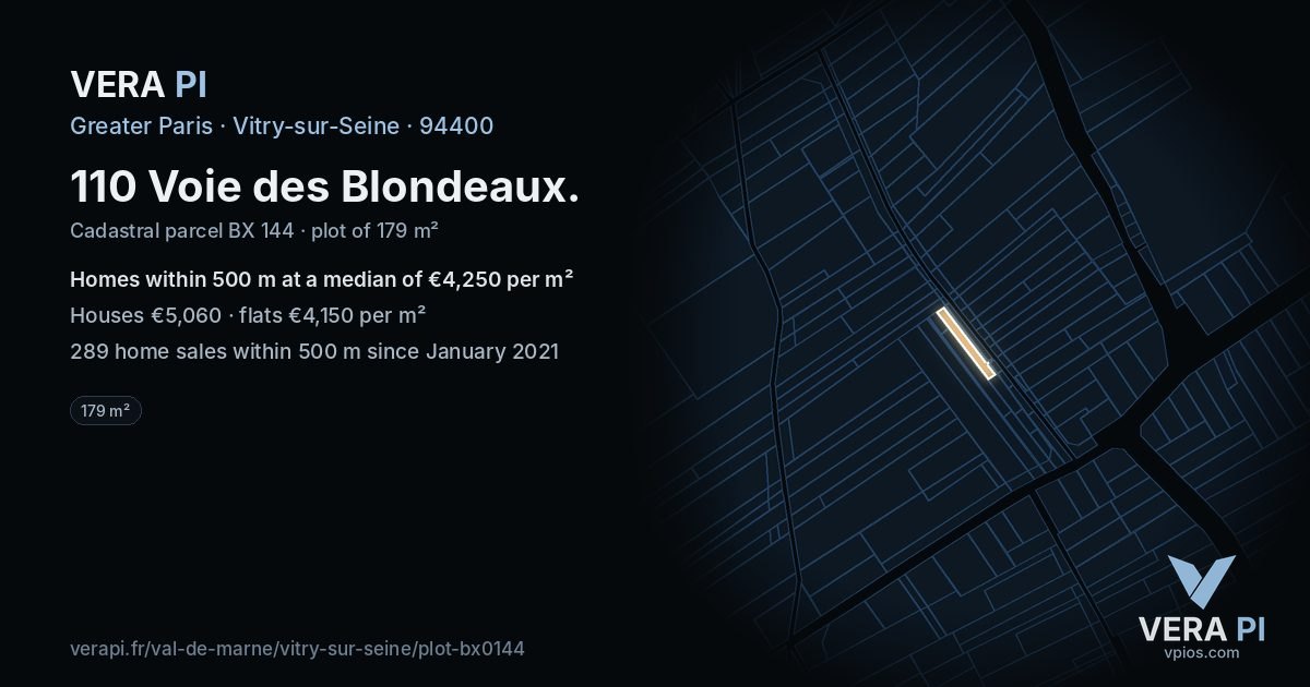 110 Voie des Blondeaux, Vitry-sur-Seine at night – the plot lit, the parcels around coloured by the prices near them