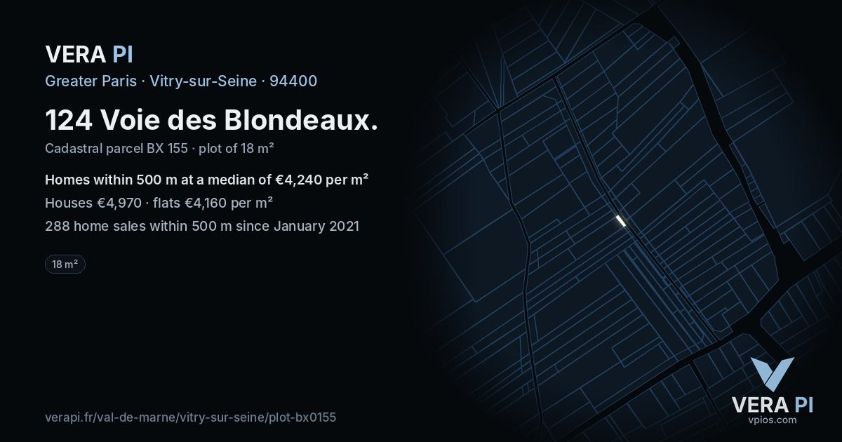 124 Voie des Blondeaux, Vitry-sur-Seine at night – the plot lit, the parcels around coloured by the prices near them