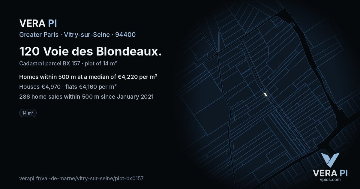120 Voie des Blondeaux, Vitry-sur-Seine at night – the plot lit, the parcels around coloured by the prices near them