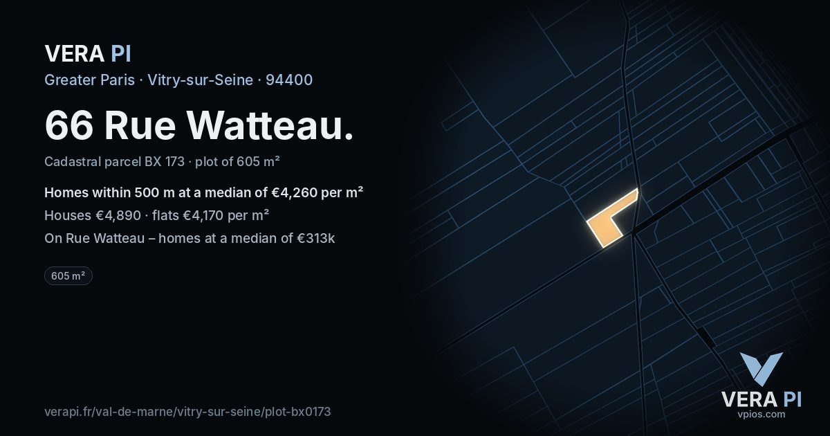 66 Rue Watteau, Vitry-sur-Seine at night – the plot lit, the parcels around coloured by the prices near them