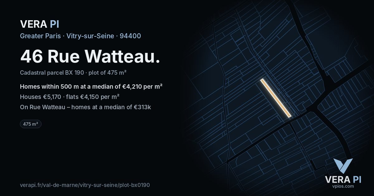 46 Rue Watteau, Vitry-sur-Seine at night – the plot lit, the parcels around coloured by the prices near them