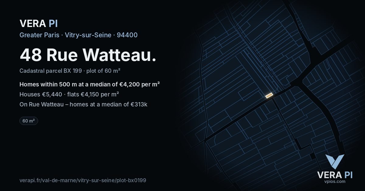 48 Rue Watteau, Vitry-sur-Seine at night – the plot lit, the parcels around coloured by the prices near them