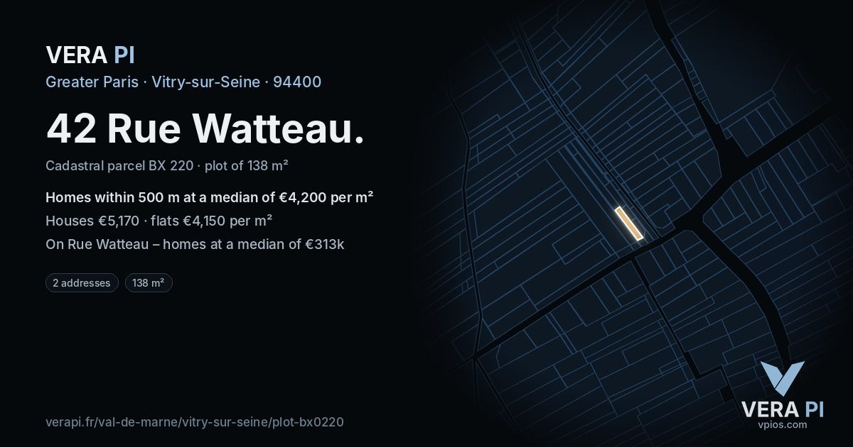 42 Rue Watteau, Vitry-sur-Seine at night – the plot lit, the parcels around coloured by the prices near them