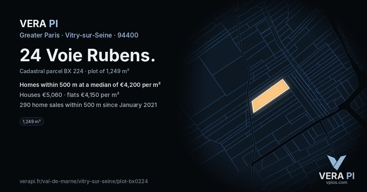 24 Voie Rubens, Vitry-sur-Seine at night – the plot lit, the parcels around coloured by the prices near them