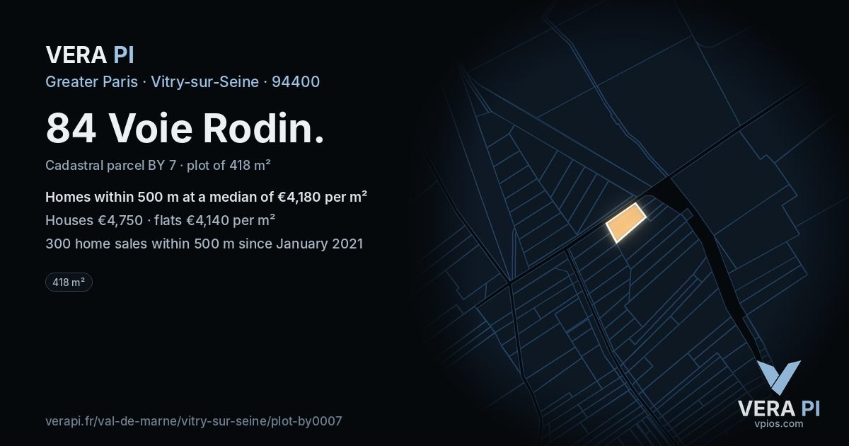84 Voie Rodin, Vitry-sur-Seine at night – the plot lit, the parcels around coloured by the prices near them