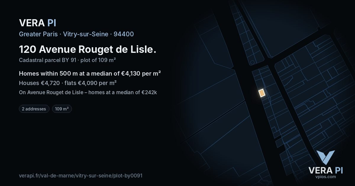 120 Avenue Rouget de Lisle, Vitry-sur-Seine at night – the plot lit, the parcels around coloured by the prices near them