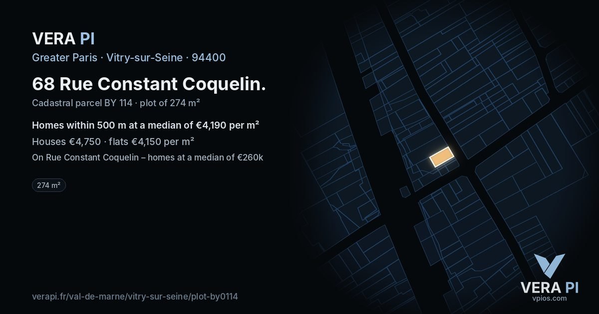 68 Rue Constant Coquelin, Vitry-sur-Seine at night – the plot lit, the parcels around coloured by the prices near them