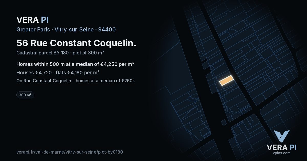 56 Rue Constant Coquelin, Vitry-sur-Seine at night – the plot lit, the parcels around coloured by the prices near them