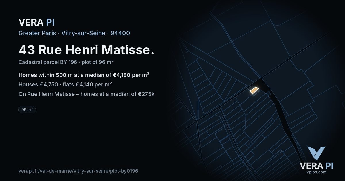 43 Rue Henri Matisse, Vitry-sur-Seine at night – the plot lit, the parcels around coloured by the prices near them