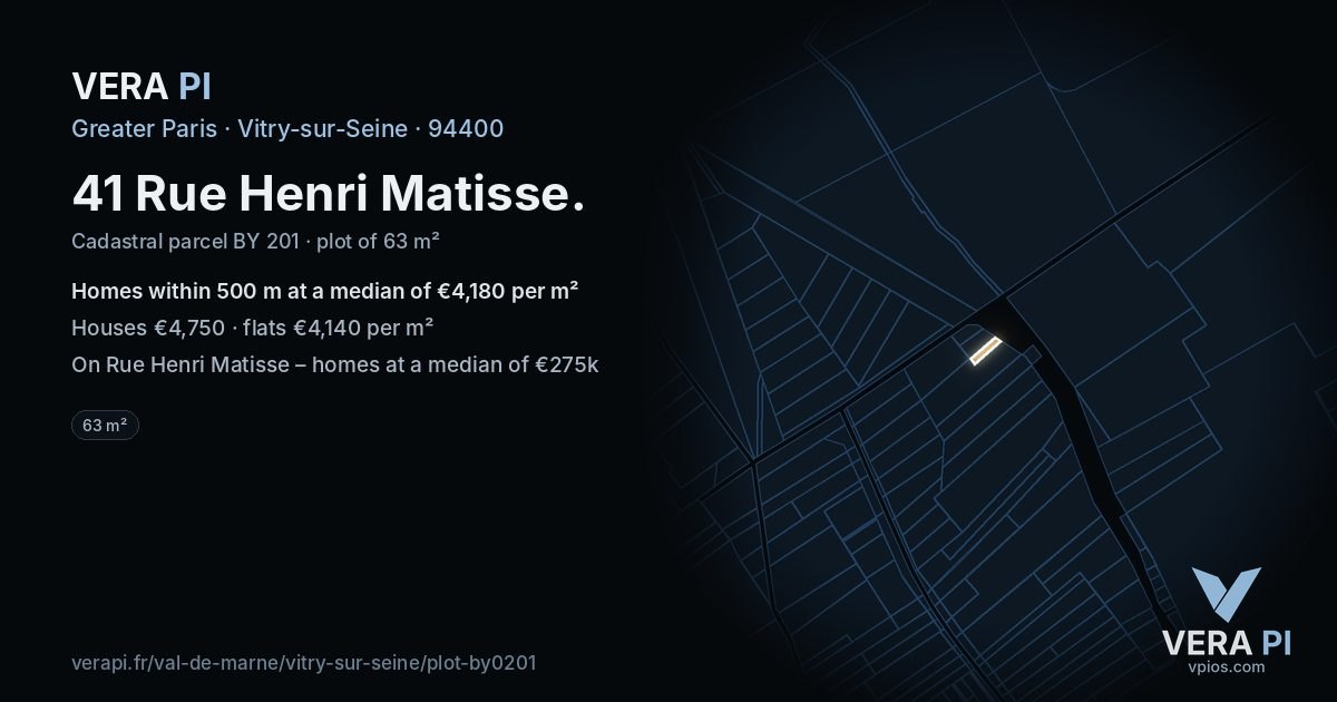 41 Rue Henri Matisse, Vitry-sur-Seine at night – the plot lit, the parcels around coloured by the prices near them