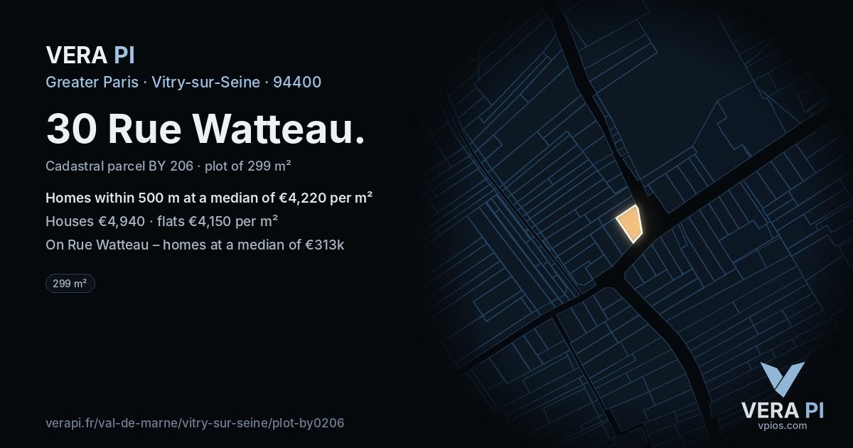 30 Rue Watteau, Vitry-sur-Seine at night – the plot lit, the parcels around coloured by the prices near them